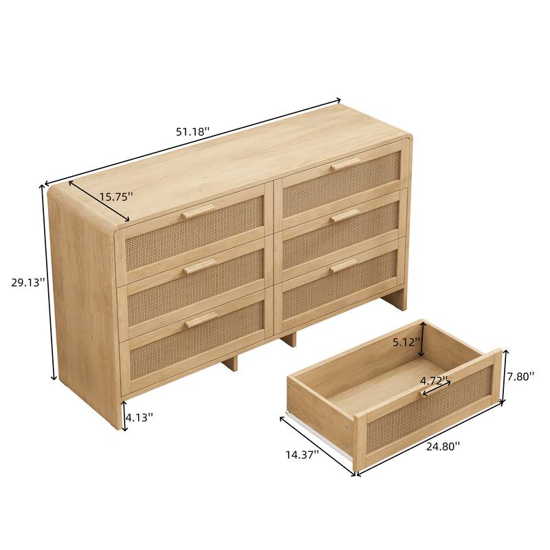 6 Drawer Double Dresser for Bedroom / Arc Shaped Corner Rattan Dresser Cabinet / Boho Chest of Drawers