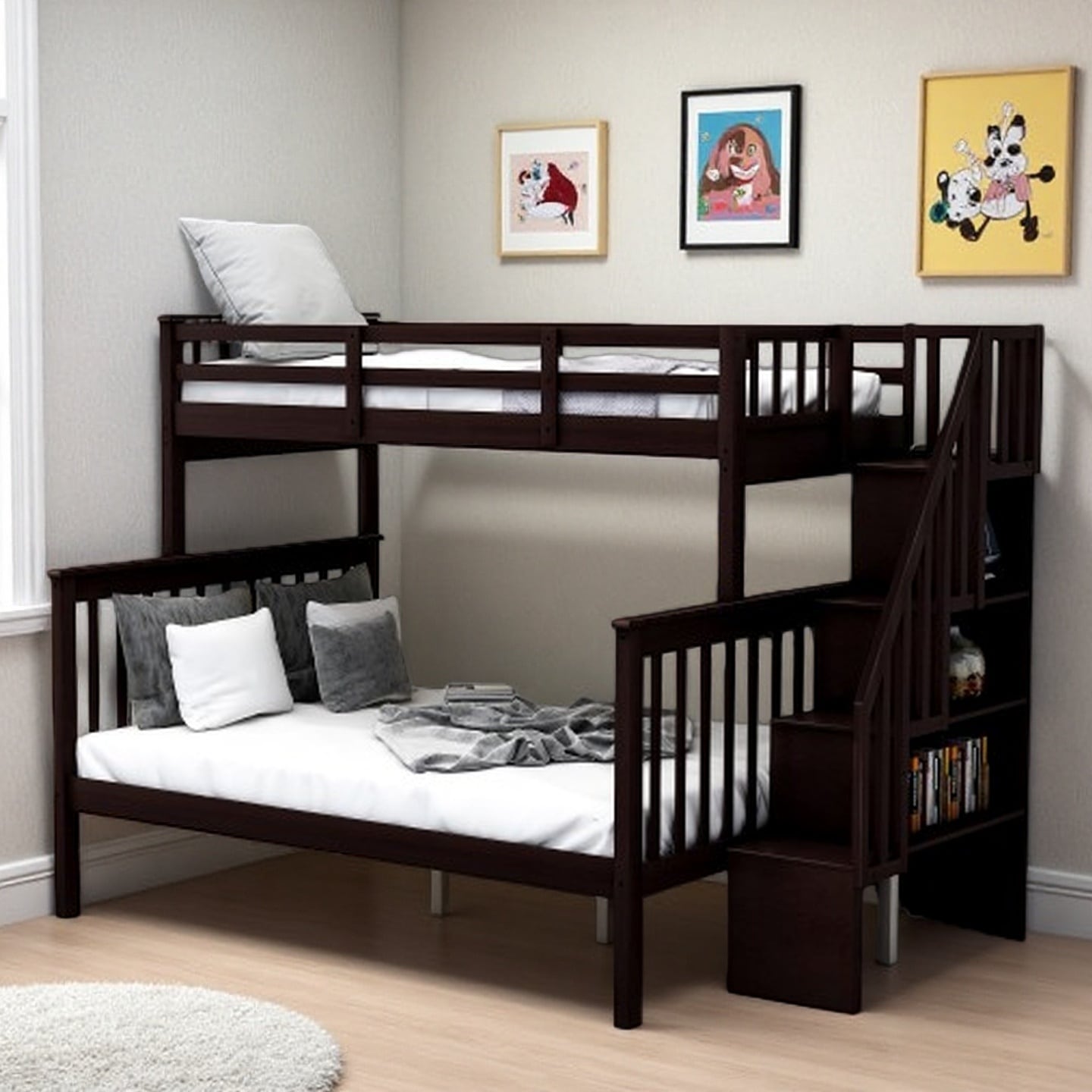 Twin Over Full Bunk Bed with Storage Stairs and Full-Length Safety Rails, Solid Wood Frame, Space-Saving Design