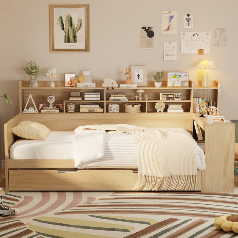 Space-Saving Twin/Full Size Daybed with Trundle and Study Desk, Wooden Platform Bed with Storage Shelves