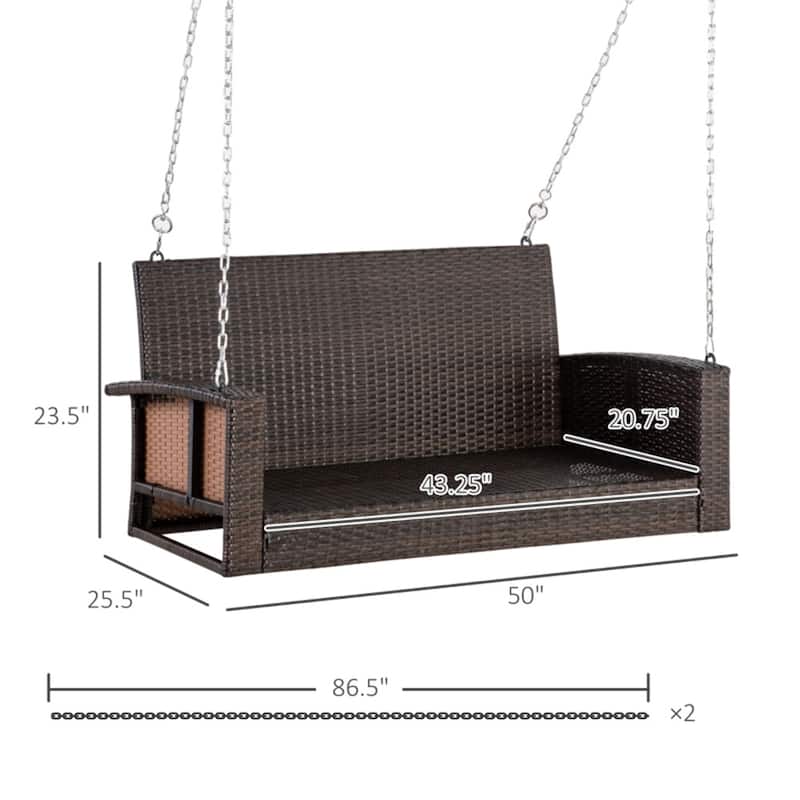 Outdoor PE Rattan Porch Swing Bench with Cushion and Chains for 2 Person Hanging Patio Seat - 50" L x 25.5" W x 23.5" H