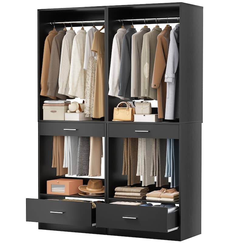 Qvella 23.6'' W Closet System with Hanging Rods and Wooden Drawers, Modular Walk-In Closet Organizer with Pants Rack