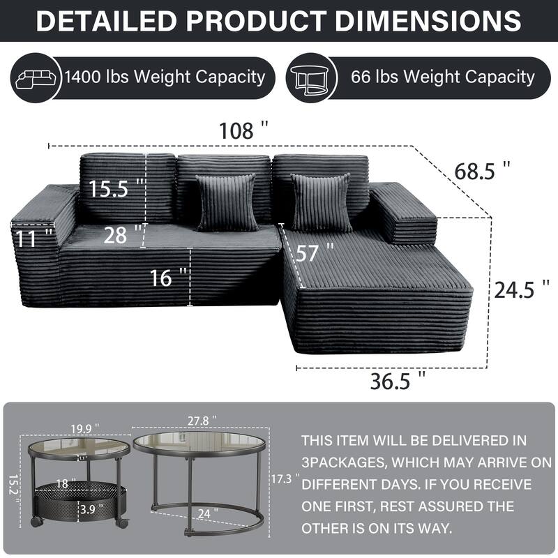 Meyreso No Assembly Required Long Plush L-Shaped Sectional Sofa with Round Nesting Coffee Tables