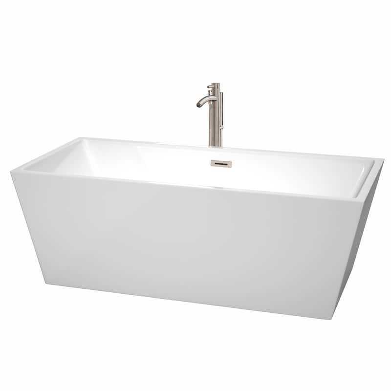 Wyndham Collection Sara 67-inch White Freestanding Soaking Bathtub - White, Brushed Nickel Trim & Faucet