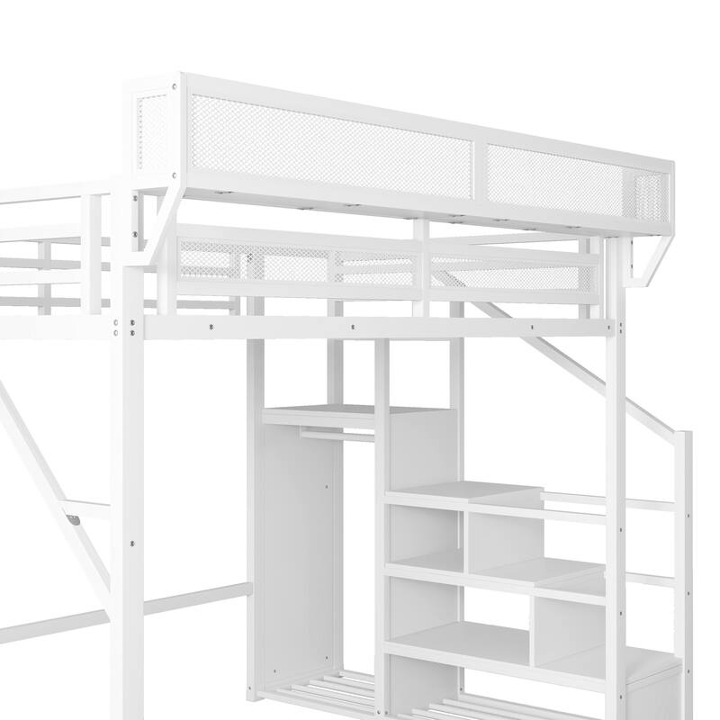 Metal Loft Bed with Wooden Stairs Built-in Storage Shelves and Wardrobe, High Loft Bed Frame with Side Grid Storage Rack