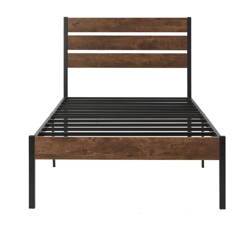 Wood Platform Bed Frame with Headboard and Metal Frame