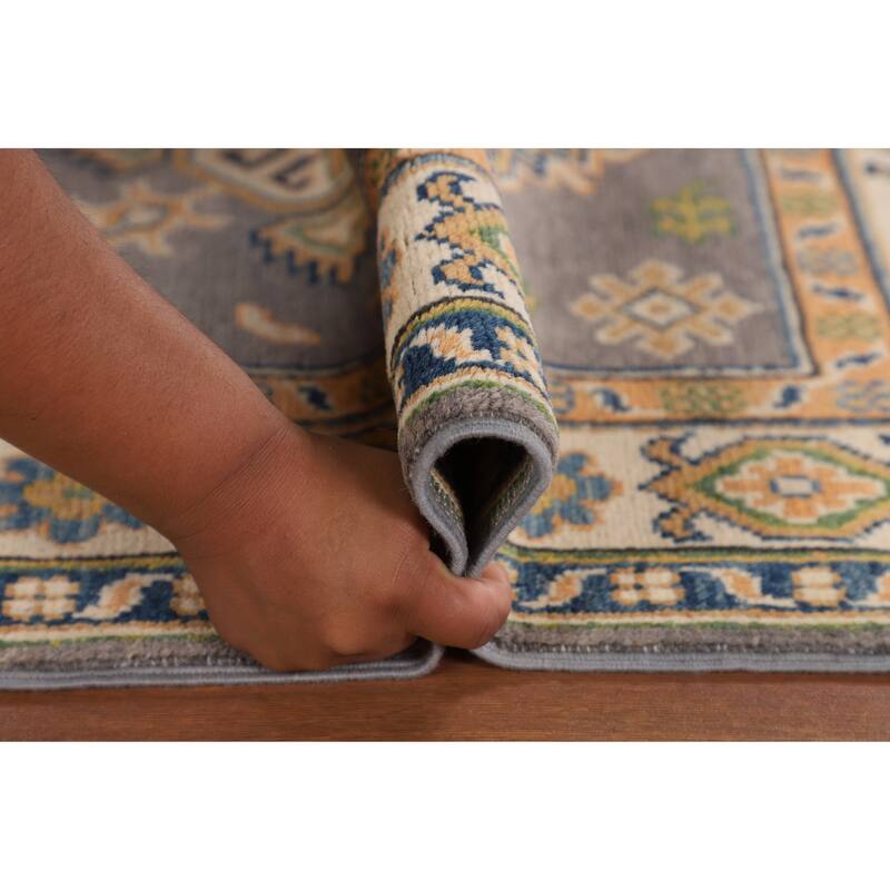 Gray Geometric Kazak Accent Rug Handmade Wool Carpet - 2'8" x 4'2"
