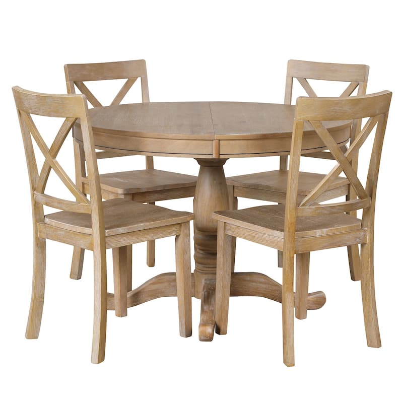 5 Piece Wood Dining Table Set, Kitchen Dining Table Set with Extendable Round Dining Table and 4 Chairs with Backrest