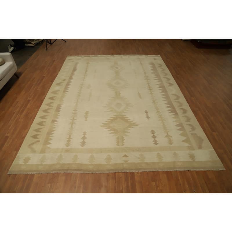 Hand Woven Oriental 100% Wool Carpet Southwestern Tribal Beige & Ivories Kilim Area Rug - 12' 10'' X 9' 9''