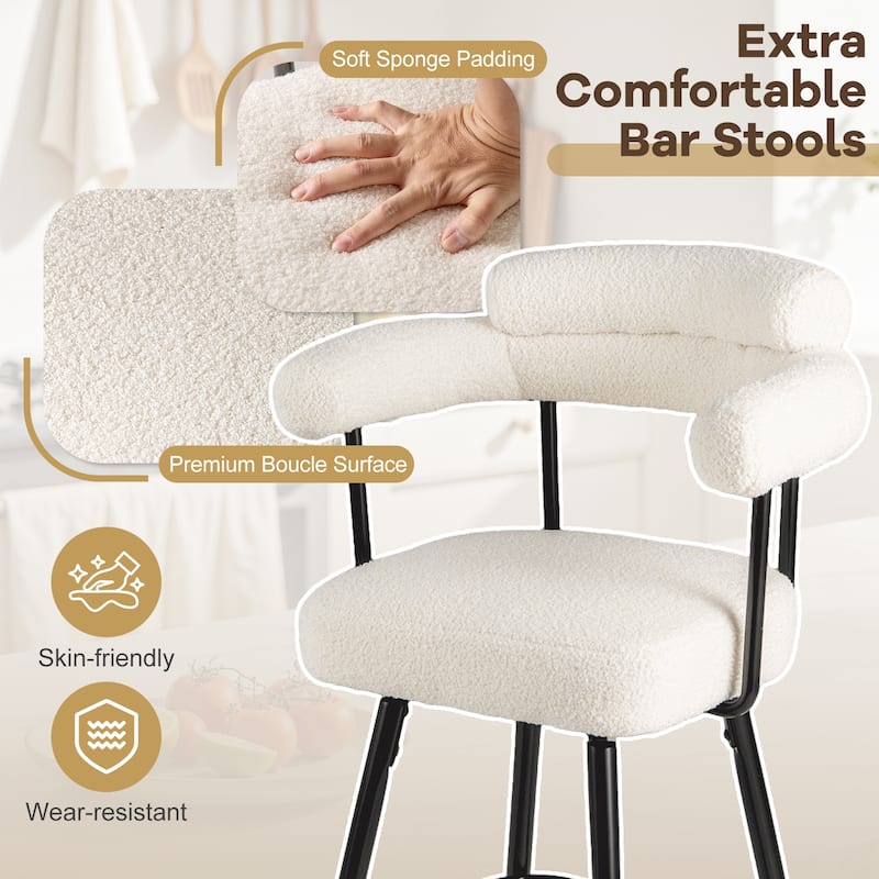 Set of 2 Counter Height Plush Boucle Fabric Bar Stools with Swivel Seat for Kitchen or Cafe - 25" x 21" x 39.5"