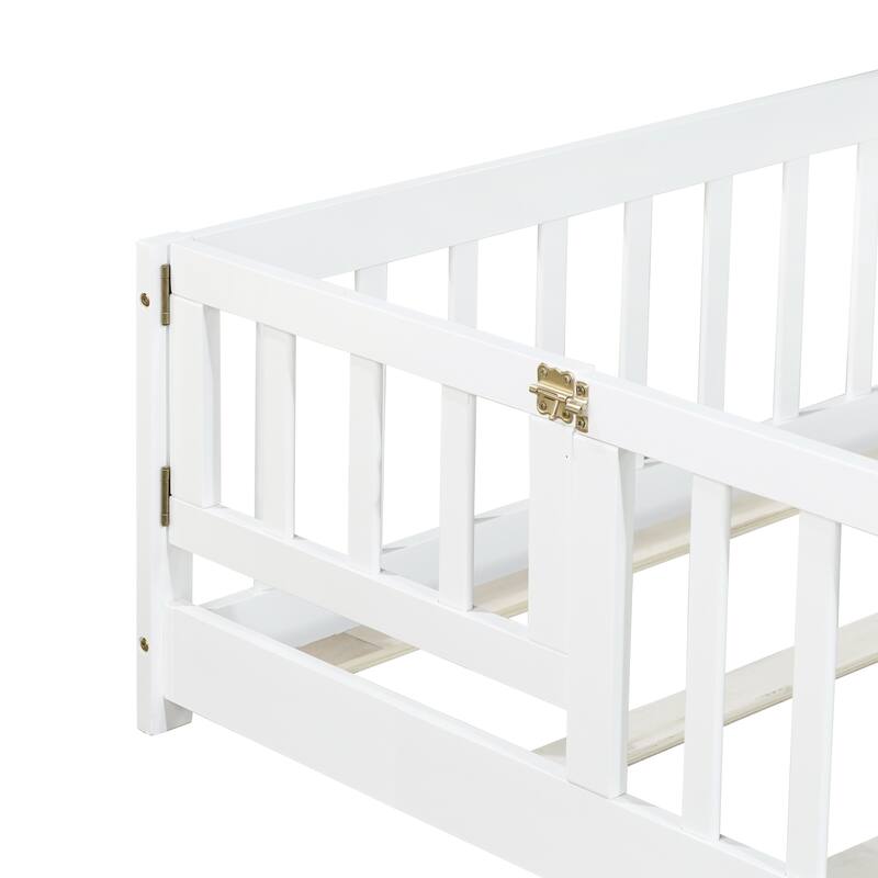 Floor Bed with Fence,Door and Safety Guardrails,Perfect for Kids' Play,Sleep and Development