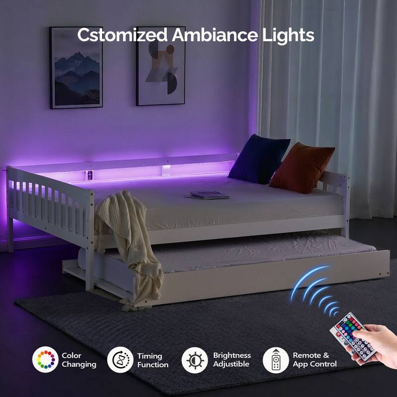 White Full Size Wood Bed with Trundle, Light Strip, Charging Station and Guardrail