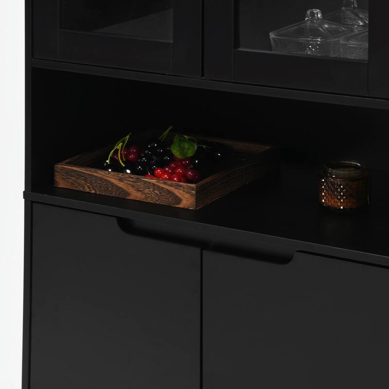 Tall Kitchen Pantry Cabinet with 2 Glass Display Doors & 2 Solid Doors
