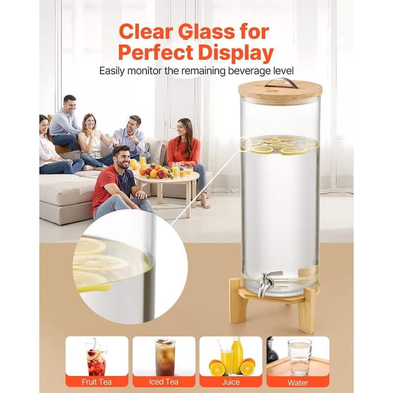 Transparent Borosilicate Glass Single Cylinder Beverage Dispenser 3.5 Gal with Wicker Stand - 9.06 x 9.06 x 26.77 in