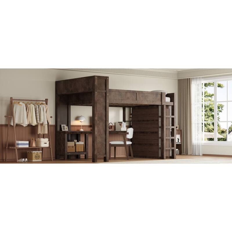 Roomfitters Queen Loft Bed with Wardrobe, Desk, Storage Headboard and USB