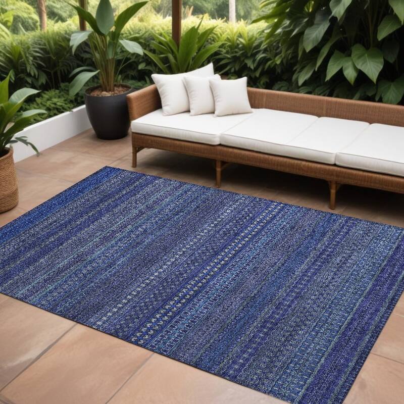 Rana Stripe Weather Resistant Blended Style Runner Outdoor Rug - 10' X 14' - Blue