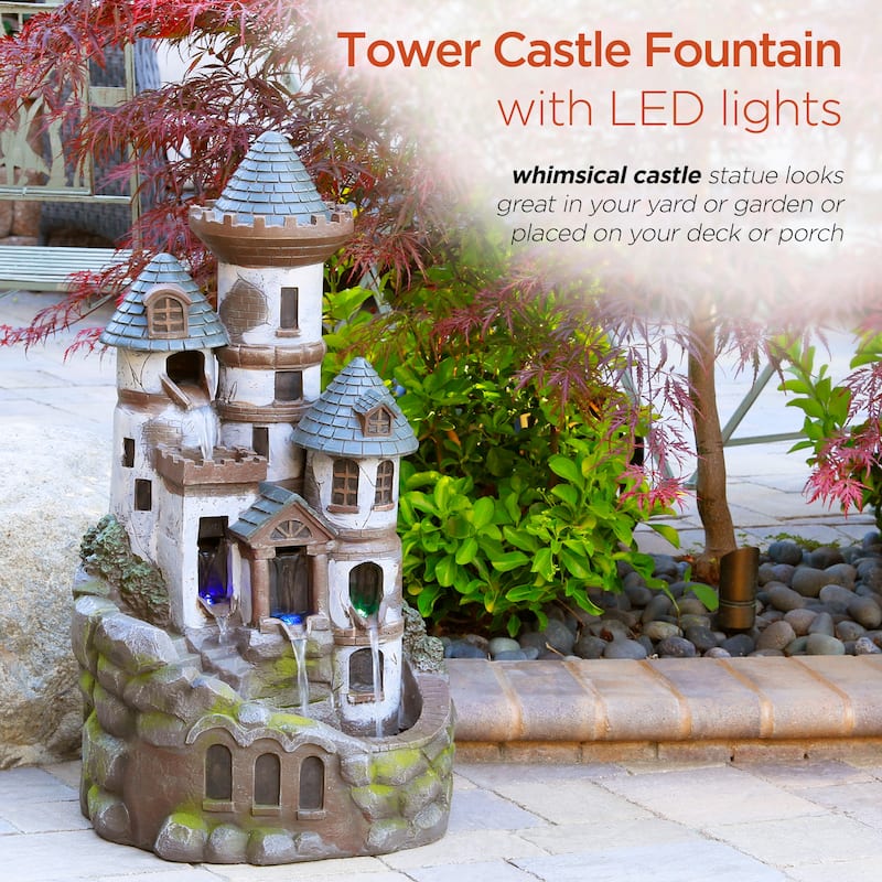 Alpine Corporation USA1368 35" Brown Tower Castle Fountain with Color Changing LED Lights