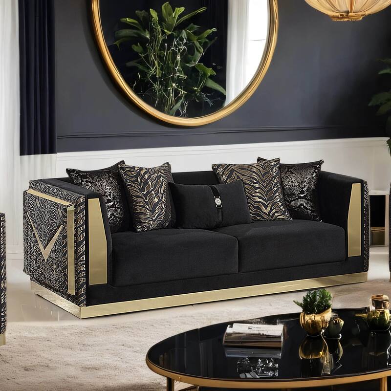 Furniture of America Ospray Glam Black Velvet Upholstered Zebra Print Sofa - Black Velvet