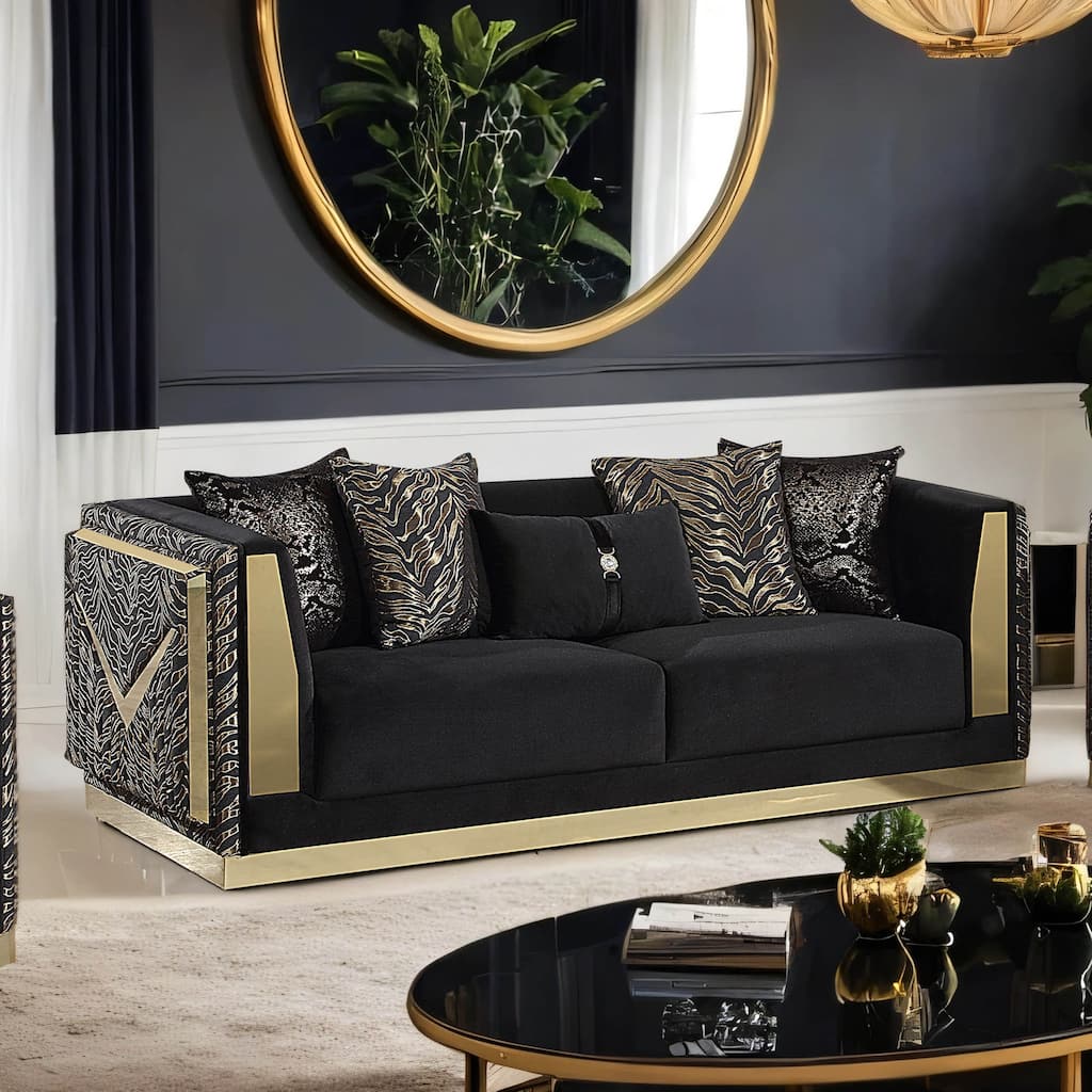 Furniture of America Ospray Glam Black Velvet Upholstered Zebra Print Sofa