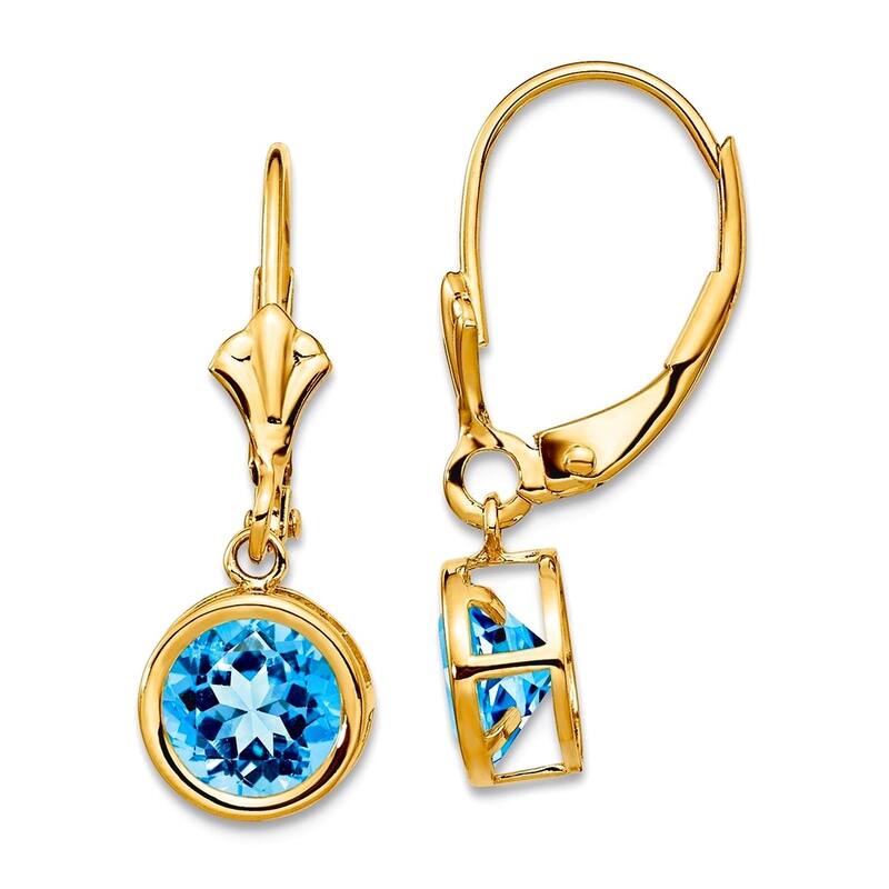 Curata 14k Yellow Gold 6mm Bezel-set Round Genuine Gemstone Leverback Earrings - 25x7mm - Blue Topaz
