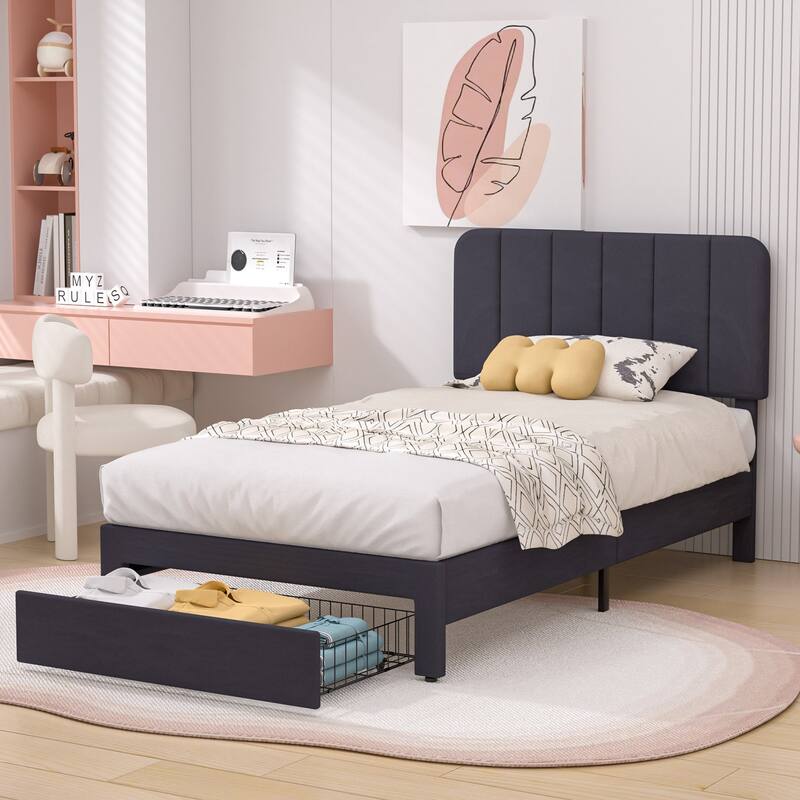 VECELO 2-Pack Kid Bed Frame Set Twin Size Platform Bed with Adjustable Upholstered Headboard Storage Drawer No Box Spring Needed
