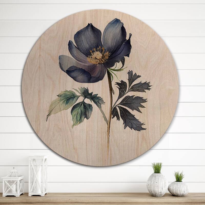Designart "Blossoming Blue Retro Flower IV" Floral Wood Wall Art - Natural Pine Wood