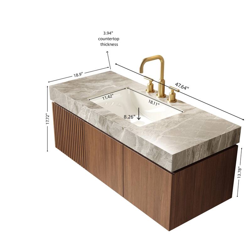Floating Bathroom Vanity with Sintered Stone Top & Undermount Ceramic Basin with Three Pre-drilled Faucet Holes
