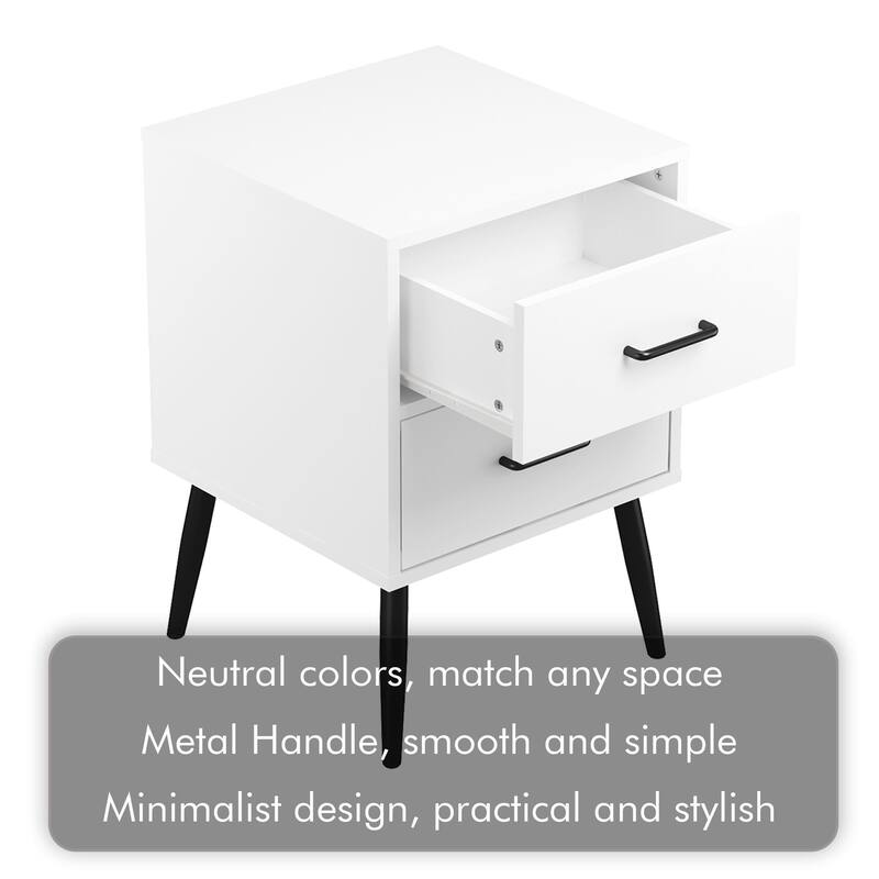 2-Drawer Nightstand with Metal Legs and Metal Handles, Modern White Bedside Table, Small End Table for Bedroom, Living Room