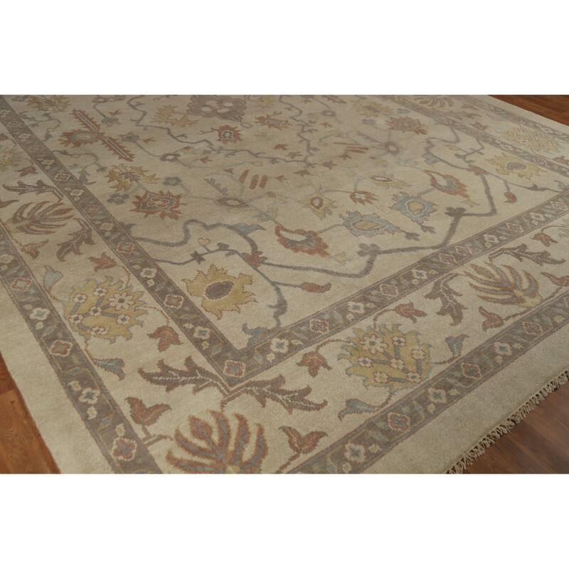 Earth Tone Oushak Indian Large Rug Hand-Knotted Wool Carpet - 9'11" x 14'2"