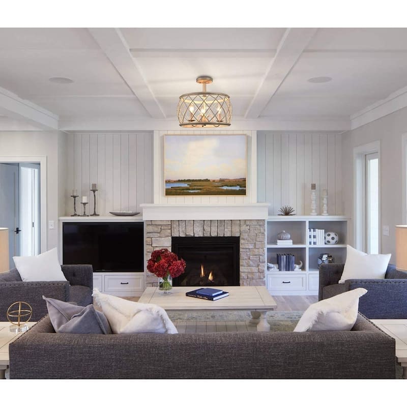 Treviso Farmhouse 3-Light Drum Semi Flush Mount Ceiling Light Metal Shade Antique White - Antique White