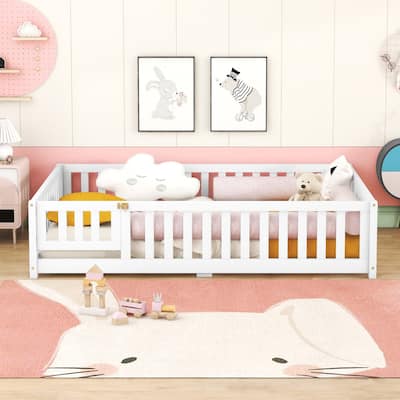 Full Size Bed Floor Bed with Safety Guardrails and Door for Kids