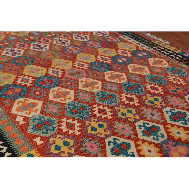 All-Over Geometric Kilim Oriental Area Rug Hand-Woven Wool Carpet - 9'10"x 12'8"
