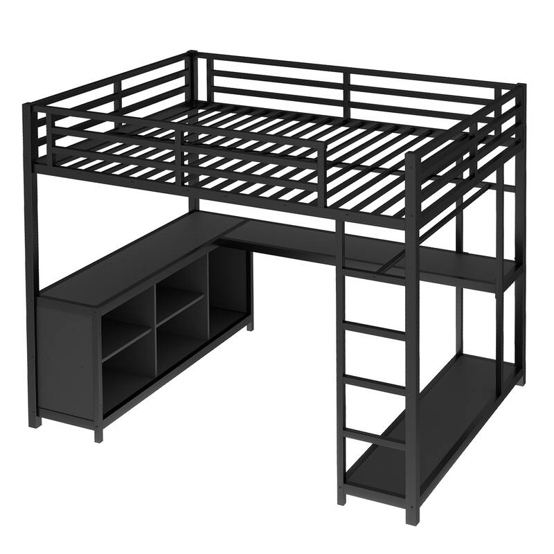 Roomfitters Queen Size Metal Loft Bed with Wardrobe & L-Shaped Desk, Storage Cubes & Shelves, Space-Saving Frame, Black