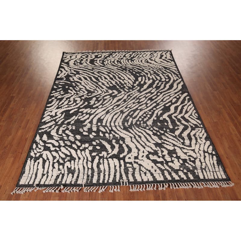 All-Over Black & Ivory Moroccan Abstract Area Rug Handmade Wool Carpet - 8'0"x 10'2"