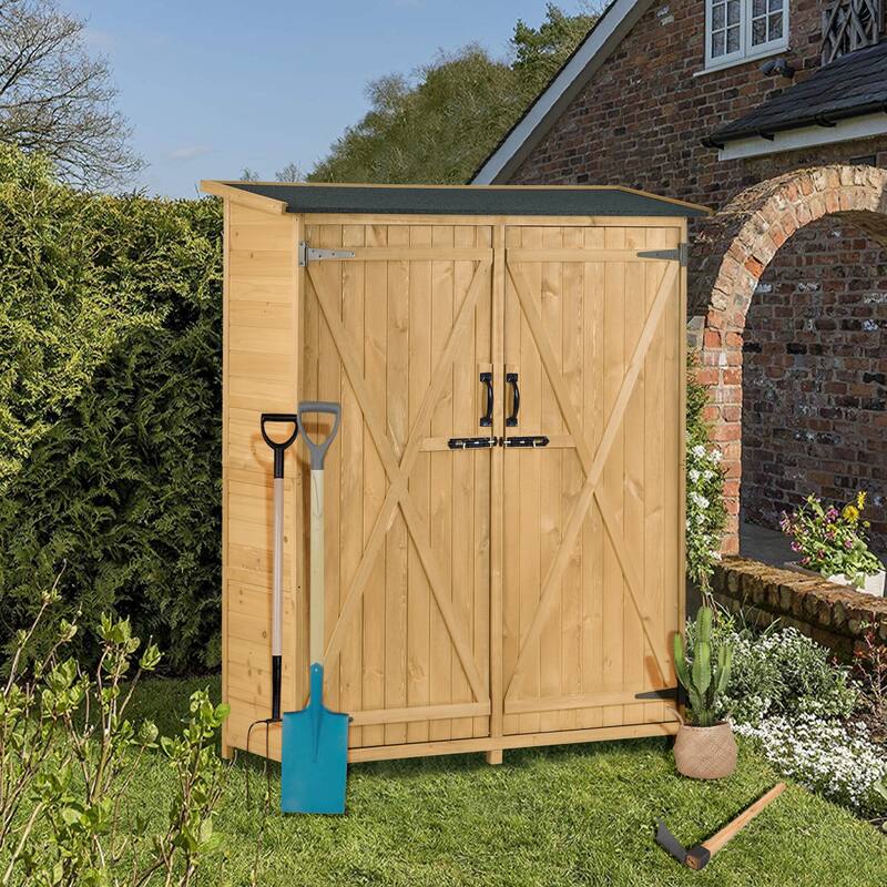 5.3ft Hx4.6ft L Wood Storage Shed Tool Organizer Storage Cabinet with Waterproof Asphalt Roof, Double Doors, 3-tier Shelves