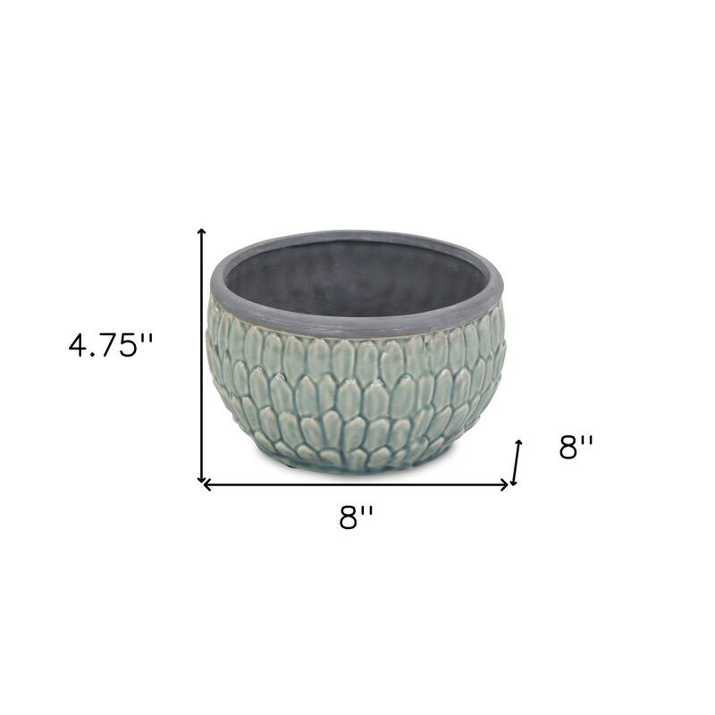 HomeRoots 8" Aqua Textural Tone On Tone Ceramic Indoor Outdoor Round Pot Planter