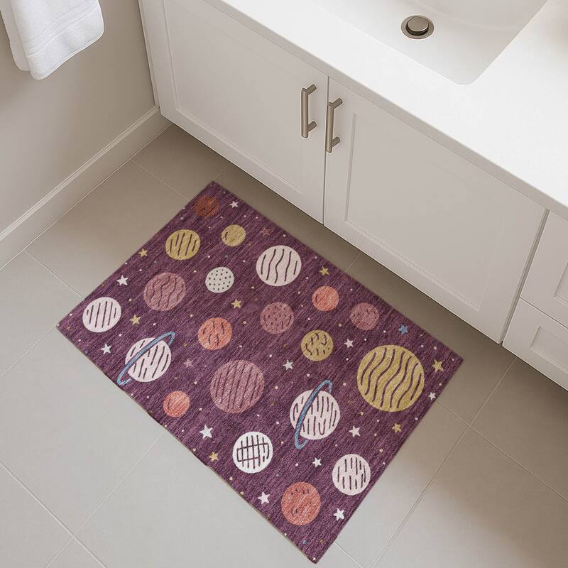 Machine Washable Indoor/ Outdoor Modern Planets Chantille Rug
