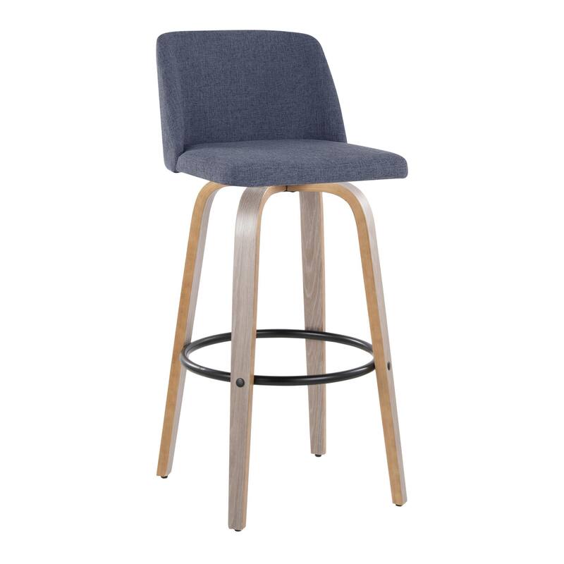 The Gray Barn Vallberga 30" Fixed-Height Bar Stool with Light Grey Wood Base (Set of 2) - Blue Fabric/Round Black Footrest