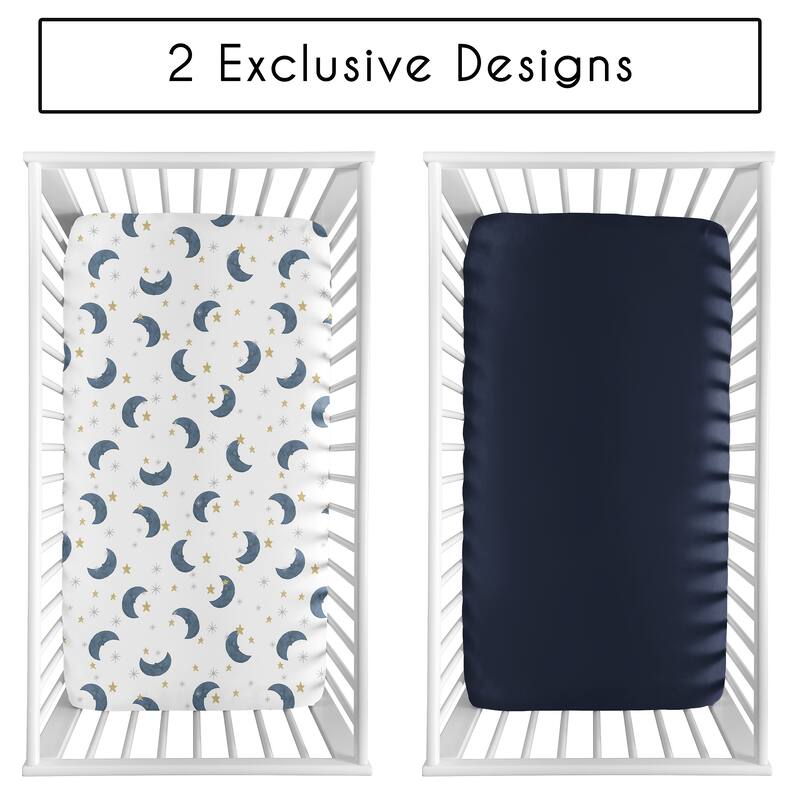 Sweet Jojo Designs Moon and Star Boy, Girl, Unisex/Gender Neutral 2 Pack Fitted Crib Sheets - Solid Blue & Watercolor, Celestial