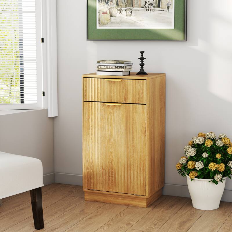 10-Gallon Woodgrain Tilt-Out Trash Can Cabinet Wooden Garbage Recycling Cabinet with Wave-Textured Hideaway Drawer&Pull-Out Bin