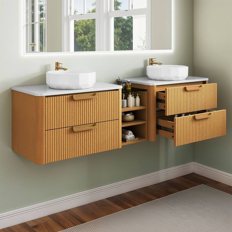 Moasis 72 Inch Floating Bathroom Vanity with Dual Ceramic Basins and 4 Storage Drawers