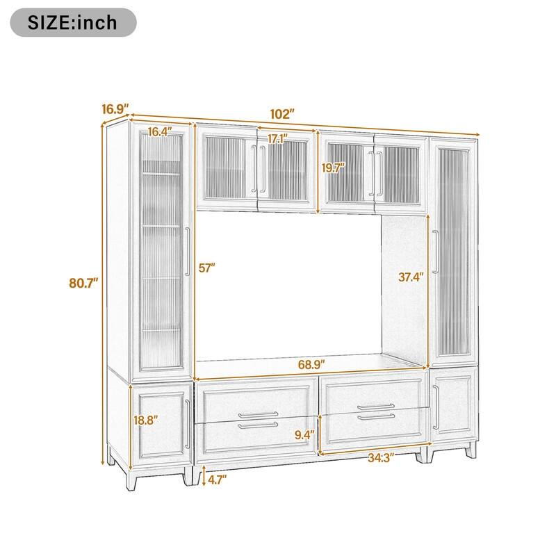 Modern 102" W Wall Unit Entertainment Center for TVs up to 75", Large Media TV Console with Glass Doors and Drawers