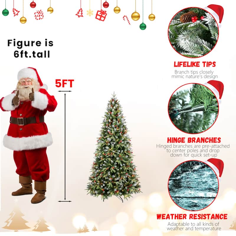 6FT Christmas Tree with 350 Warm White LED Lights-1593 Snow-Tipped PE+PVC Branches, Red Berries&Pine Cones, Hinged Design
