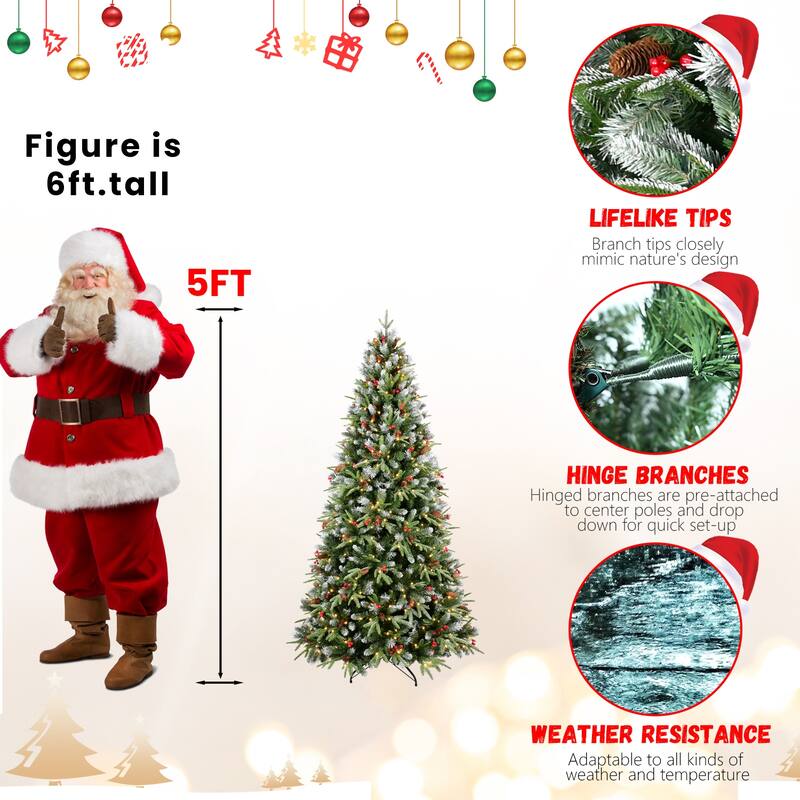 8FT Christmas Tree with 600 Warm White LED Lights-2850 Snow-Tipped PE+PVC Branches, Red Berries & Pine Cones,Hinged Design