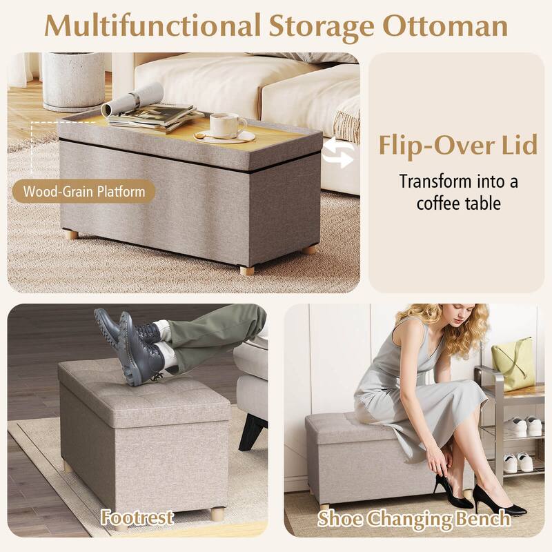 Costway 1/2 PCS 30” Storage Ottoman Bench with Tray Rubber Wood Legs