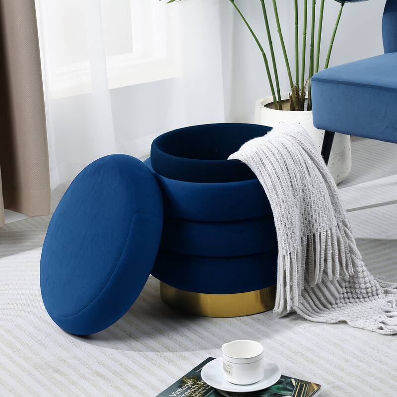 Adeco Round Storage Ottoman with Removable Lid, Vanity Velvet Footrest