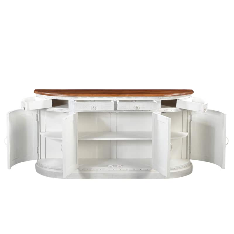 HomeRoots 69" White And Brown Solid Wood Carved Geometric Four Drawer Four Door Sideboard - 69.00 in. x 36.00 in. x 18.00 in.