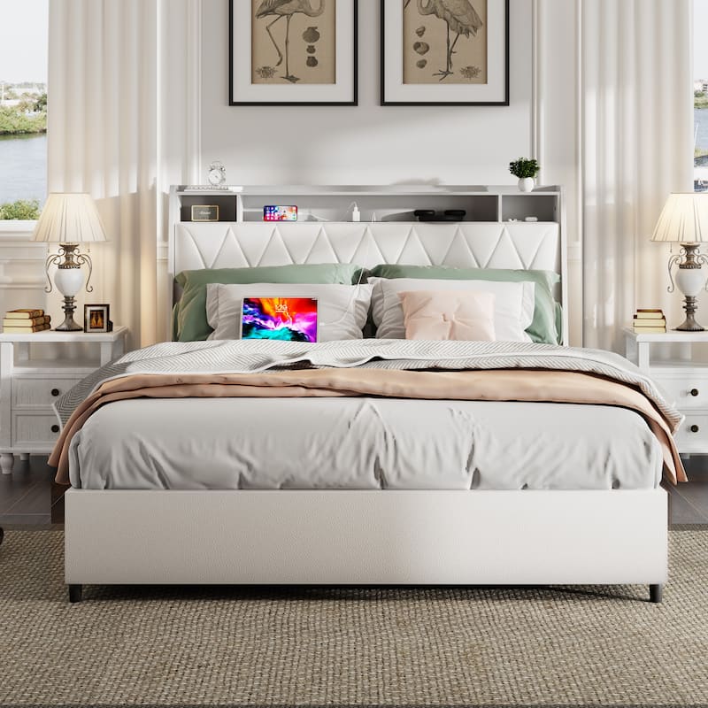 Full Size Platform Bed Frame with Ergonomic Headboard, Built-in Outlets, Storage Shelf, and No Box Spring Needed - White