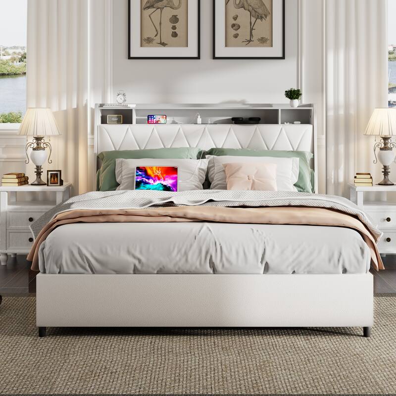 Queen Bed Frame with Ergonomic Headboard, Built-in Outlets & Charger, Storage Shelf, Noise-Free, No Box Spring Needed - White