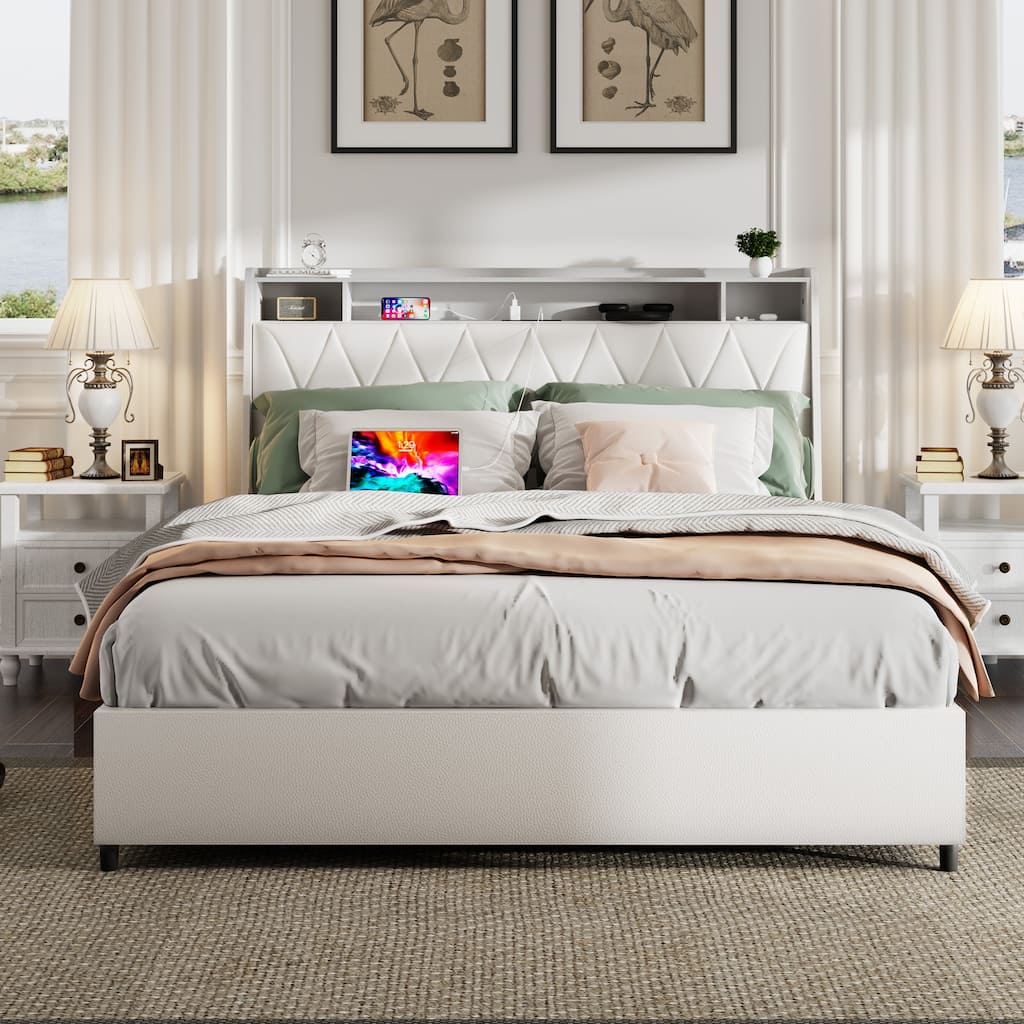 Queen Size Platform Bed Frame with Ergonomic Headboard, Built-in Outlets, Integrated Storage Shelf