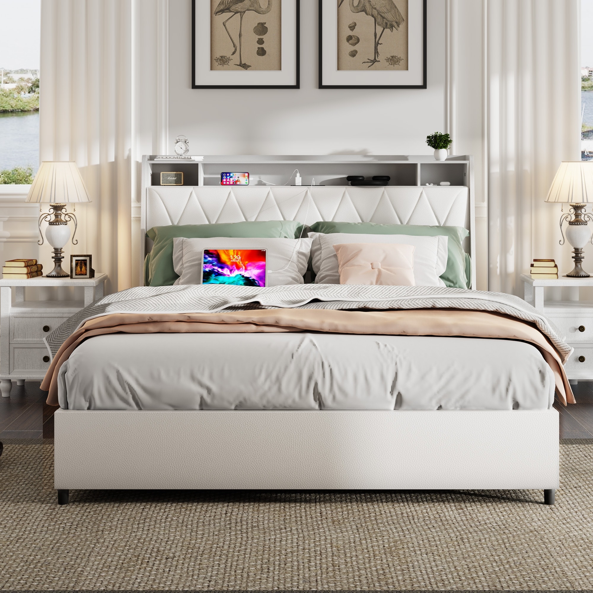 Wooden Platform Bed Frame with 4 Drawers/Ergonomic Upholstered Headboard with Charging Ports & Storage Shelf/Metal Frame Support